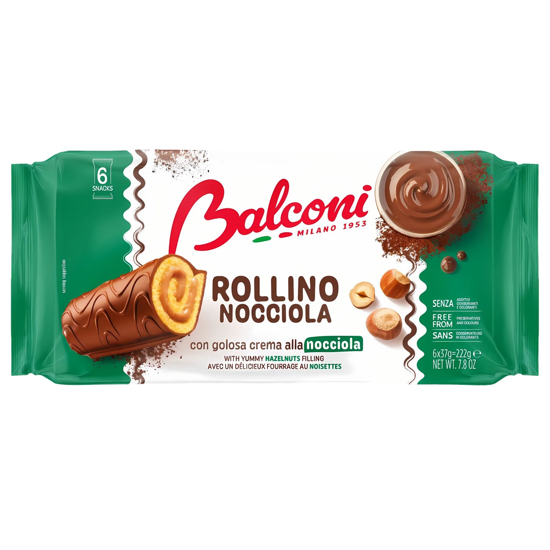 A 222g pack of Balconi Rollino Mini Rolls with hazelnut cream, featuring 6 oven-baked rolls and product details in Italian and English.