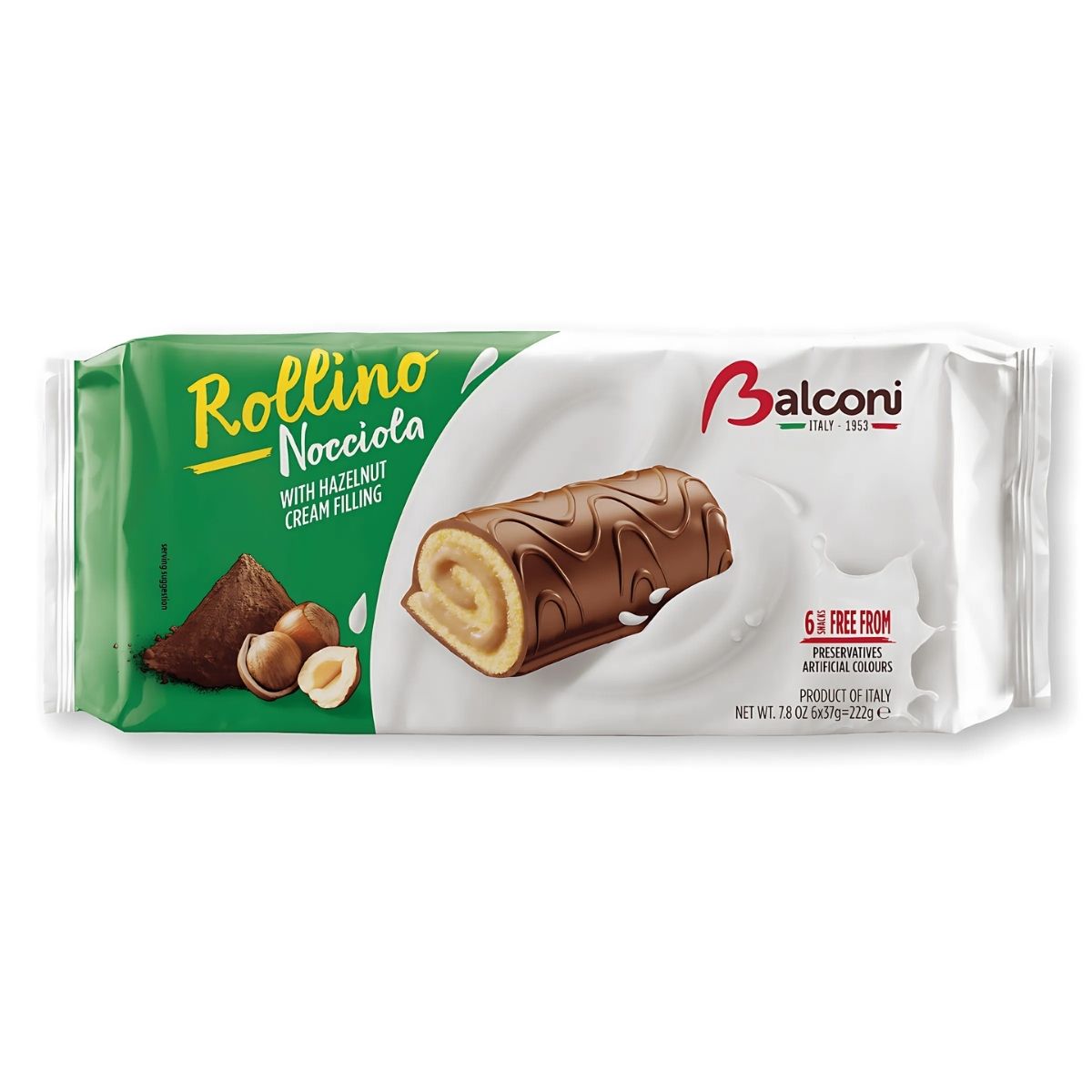 The packaging of Balconi Rollino with Hazelnut Cream, Mini Rolls 6 Pack - 222g, displays mini rolls with chocolate-covered exteriors and hazelnut filling. The image highlights hazelnuts and a chocolate piece, inviting indulgence in its creamy delight.