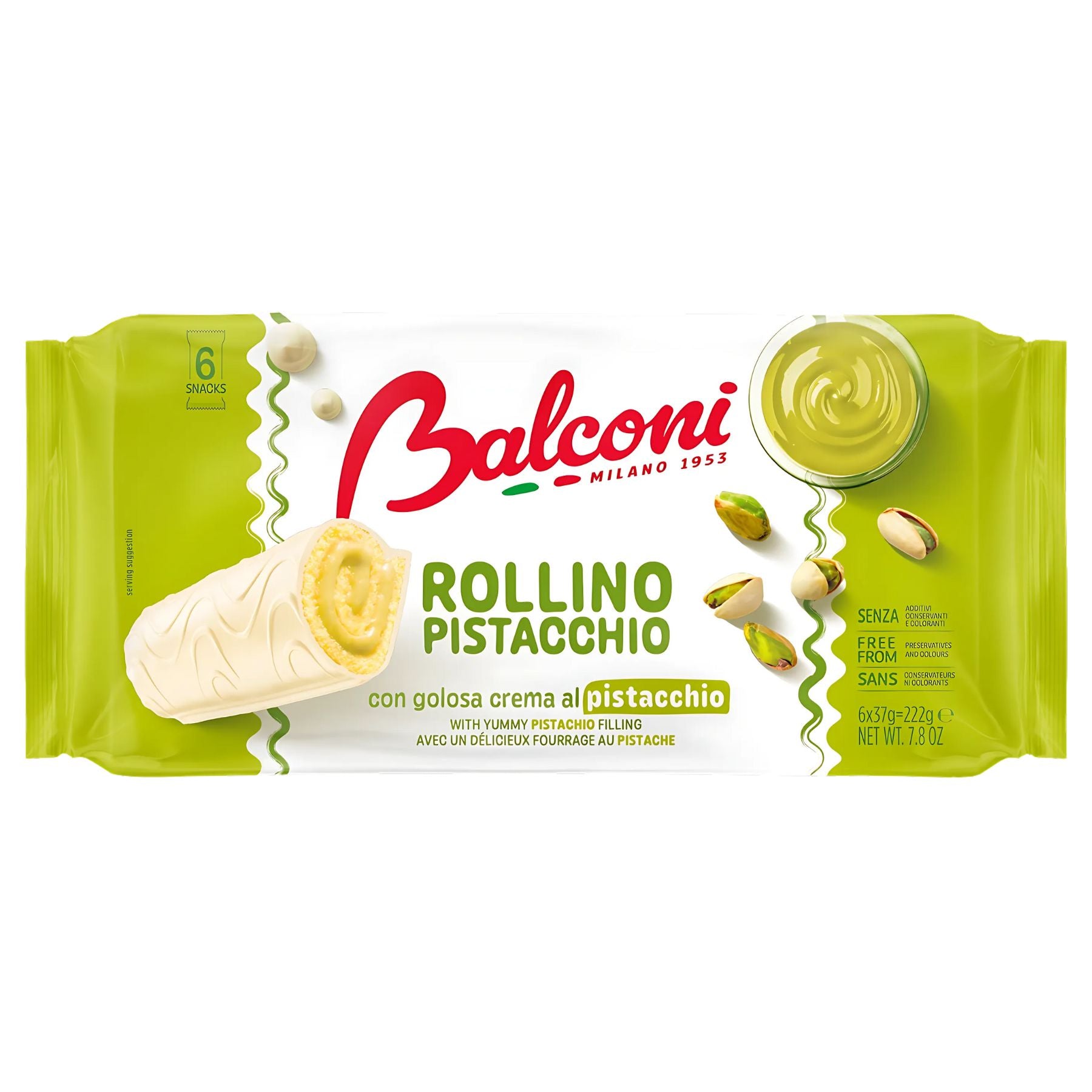 A 222g pack of Balconi Rollino With Pistachio Cream Mini Rolls (6 pack), featuring oven-baked Italian mini rolls with rich pistachio cream filling and pistachios shown on the wrapper.