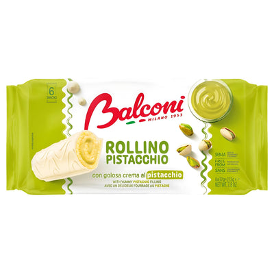 A 222g pack of Balconi Rollino With Pistachio Cream Mini Rolls (6 pack), featuring oven-baked Italian mini rolls with rich pistachio cream filling and pistachios shown on the wrapper.