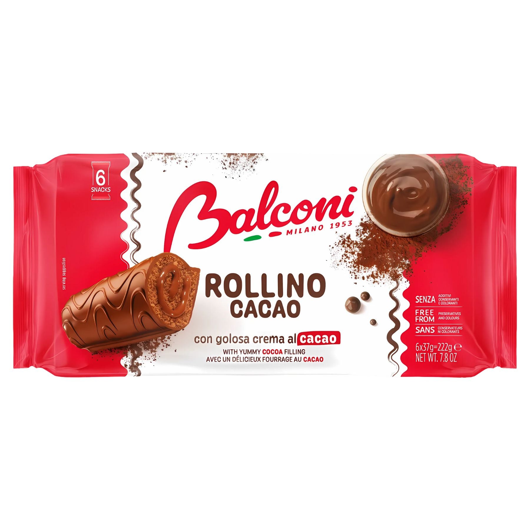 Balconi - Rollino with Cocoa Cream Mini Rolls 6 Pack (222g) features mini rolls filled with rich cocoa cream made from fat-reduced cocoa. The pack contains six individually wrapped snacks, clearly branded on the package.