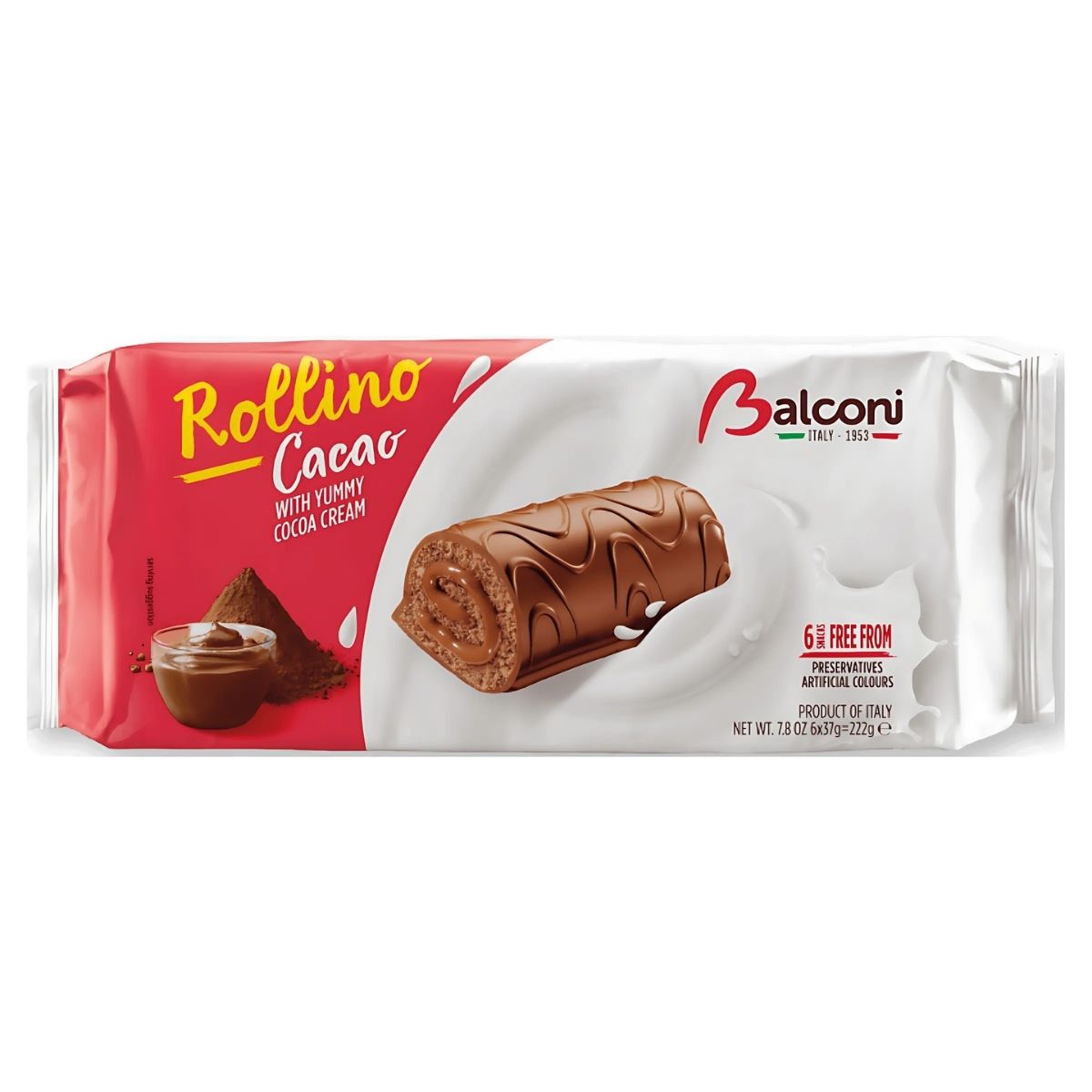 The Balconi Rollino Mini Rolls packaging features images of a chocolate roll and cream. This 6-pack contains 222g of cocoa cream-filled mini rolls.