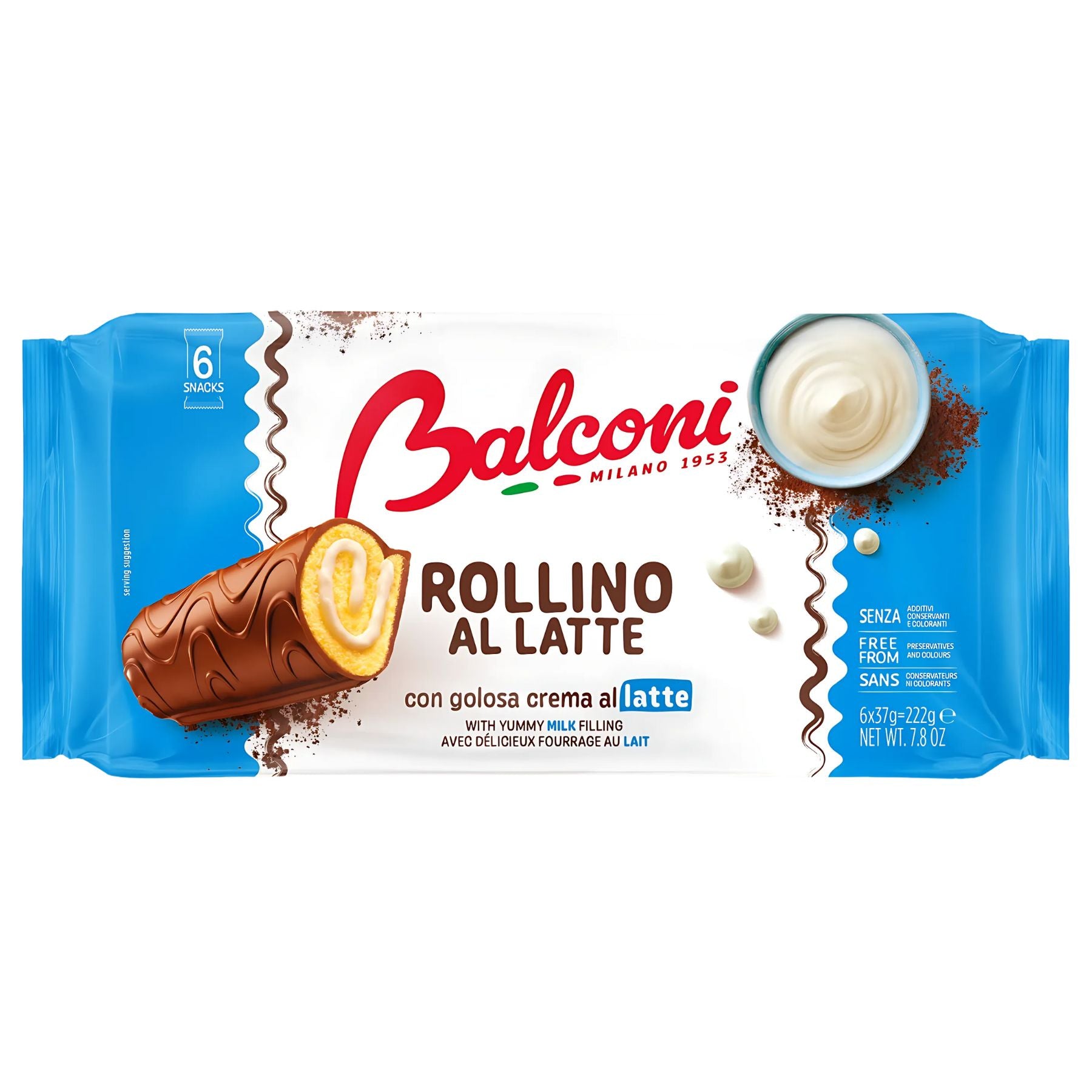 Balconi - Rollino with Milk Cream 6 Pack (222g): Six oven-baked cocoa rolls with milk cream filling, individually wrapped and fat-reduced. Includes product branding and details.
