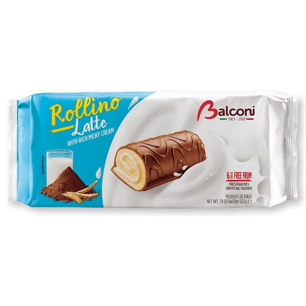 Balconi Rollino with Milk Cream, 6 Pack - 222g. Features rich chocolate coating and creamy filling against a blue and white backdrop. Perfect for chocolate cravings.