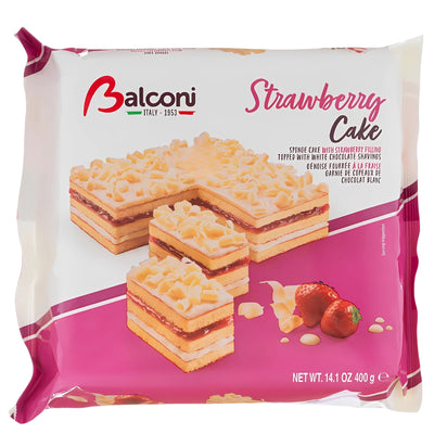 Balconi - Strawberry Cake - 400g: An oven-baked treat with layers of sponge cake, strawberry filling, and white chocolate shavings. Net weight: 14.1 oz (400g).
