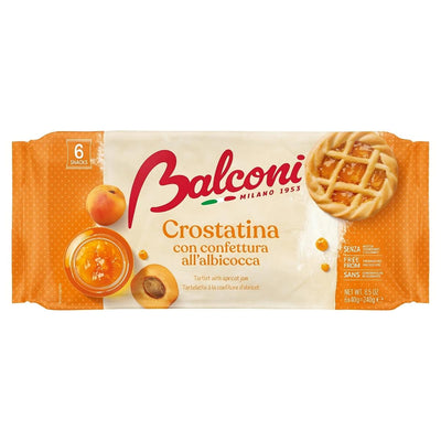 Balconi - Tartlet With Apricot Jam (240g) features buttery tartlets with apricot jam, shown on the package alongside fresh apricots and product details.