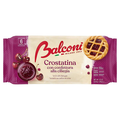 Balconi - Tartlet With Cherry Jam - 240g: Package shows a cherry jam tartlet, cherry filling, whole cherries, and product info in Italian, English, and French. Brand: Balconi.