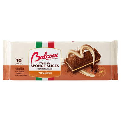 Package of ten Balconi - Tiramisu Italian Sponge Cake Slices, featuring a graphic of a single tiramisu-flavored sponge cake slice with cream and cocoa powder.