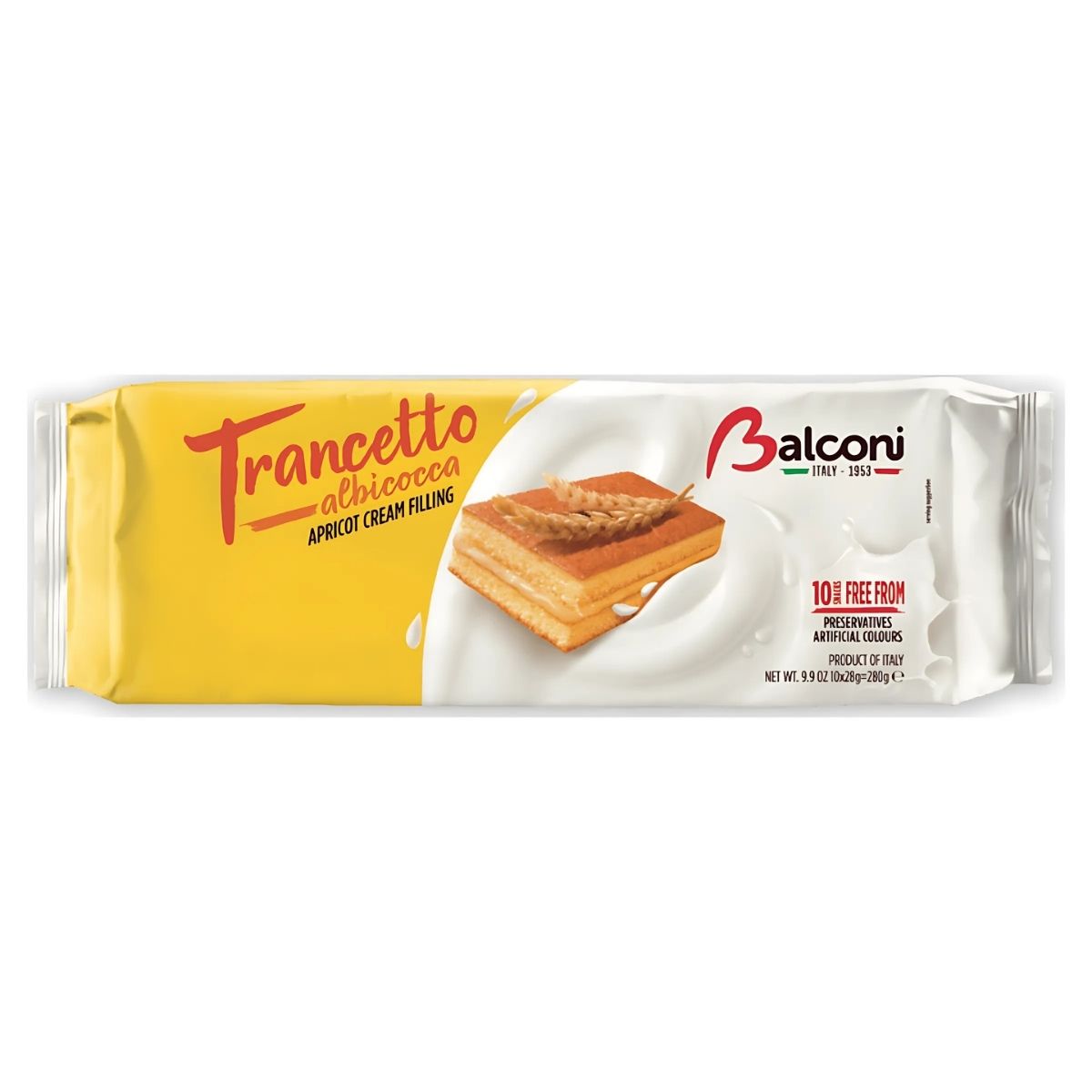 Package of Balconi Trancetto Cake Slices with Apricot Cream (280g), showcasing an enticing image of apricot-filled sponge cake on the front.