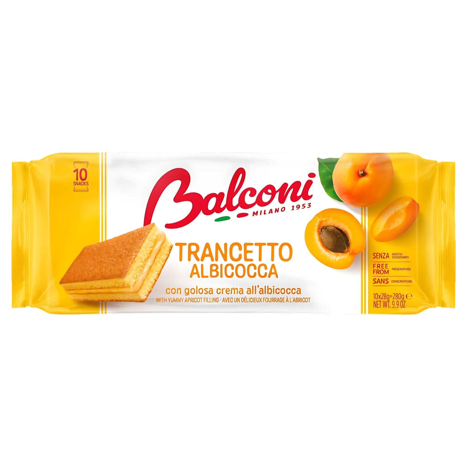 A 280g pack of Balconi Trancetto Cake Slices with Apricot Cream, in a yellow and white wrapper showing images of the cake and apricots.