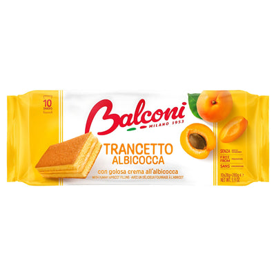 A 280g pack of Balconi Trancetto Cake Slices with Apricot Cream, in a yellow and white wrapper showing images of the cake and apricots.
