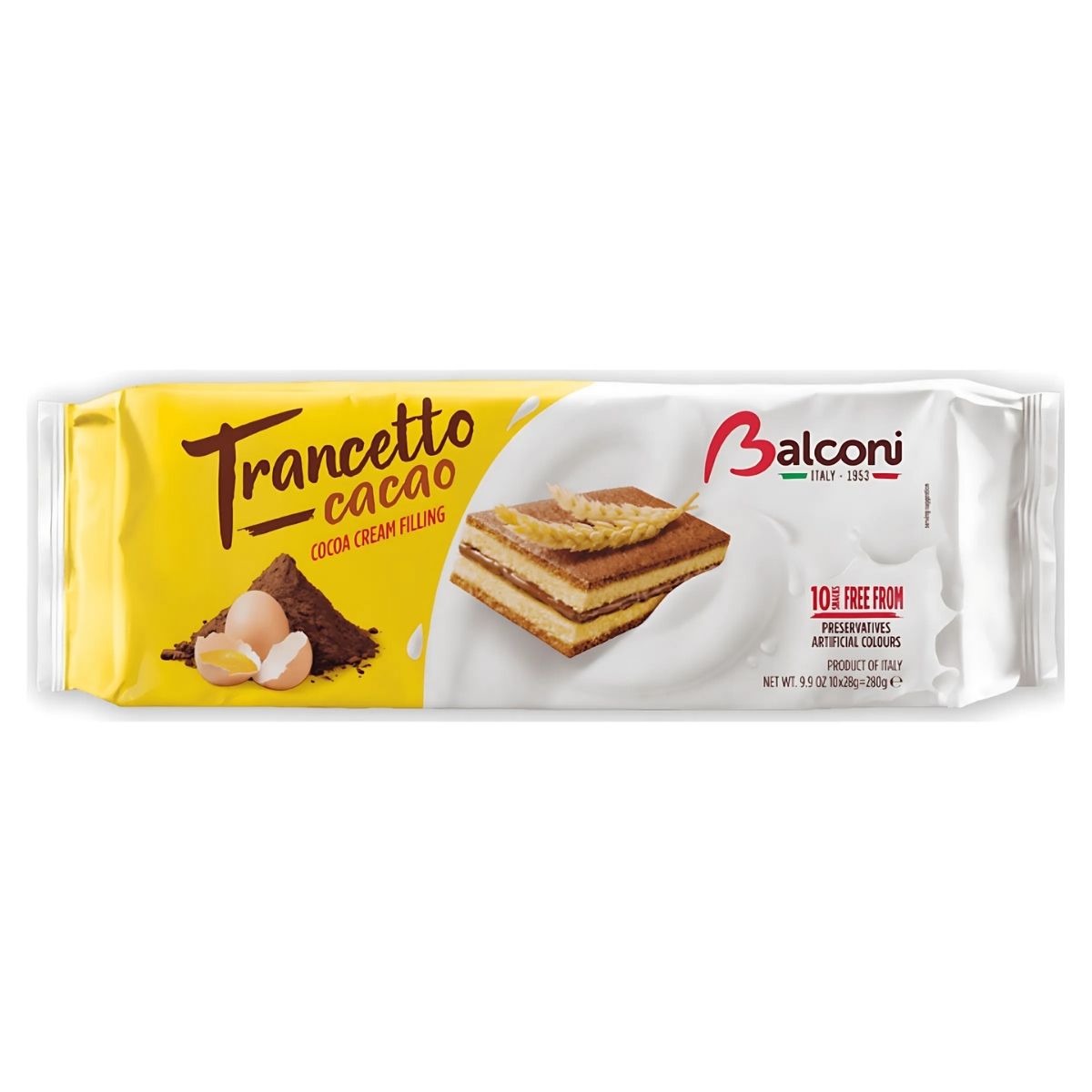 The Balconi Trancetto Cake Slices package reveals a delightful treat with layers of cocoa cream, made in Italy without preservatives or artificial colors. Net weight: 280g.