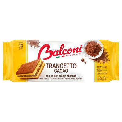 A pack of Balconi Trancetto Cake Slices with Cocoa Cream (280g) showcases oven-baked treats with fat-reduced cocoa cream filling, cocoa powder accents, and clear branding on the packaging.