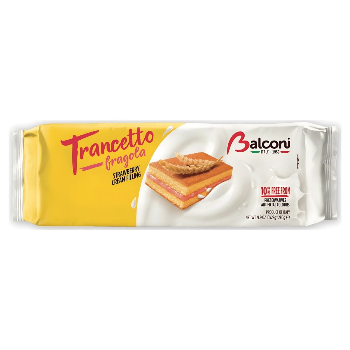 Package of Balconi - Trancetto Cake Slices with Strawberry Cream - 280g. Individually wrapped sponge cake snacks with strawberry cream, featuring yellow and white packaging with product image and text.