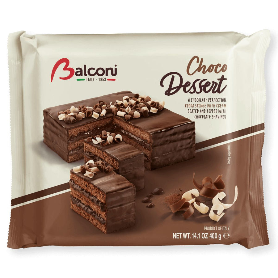 Balconi - Chocolate Dessert - 400g features rich chocolate cake slices topped with chocolate curls. The front displays tempting images of the dessert and the 400g weight, highlighting Balconi’s signature indulgence.