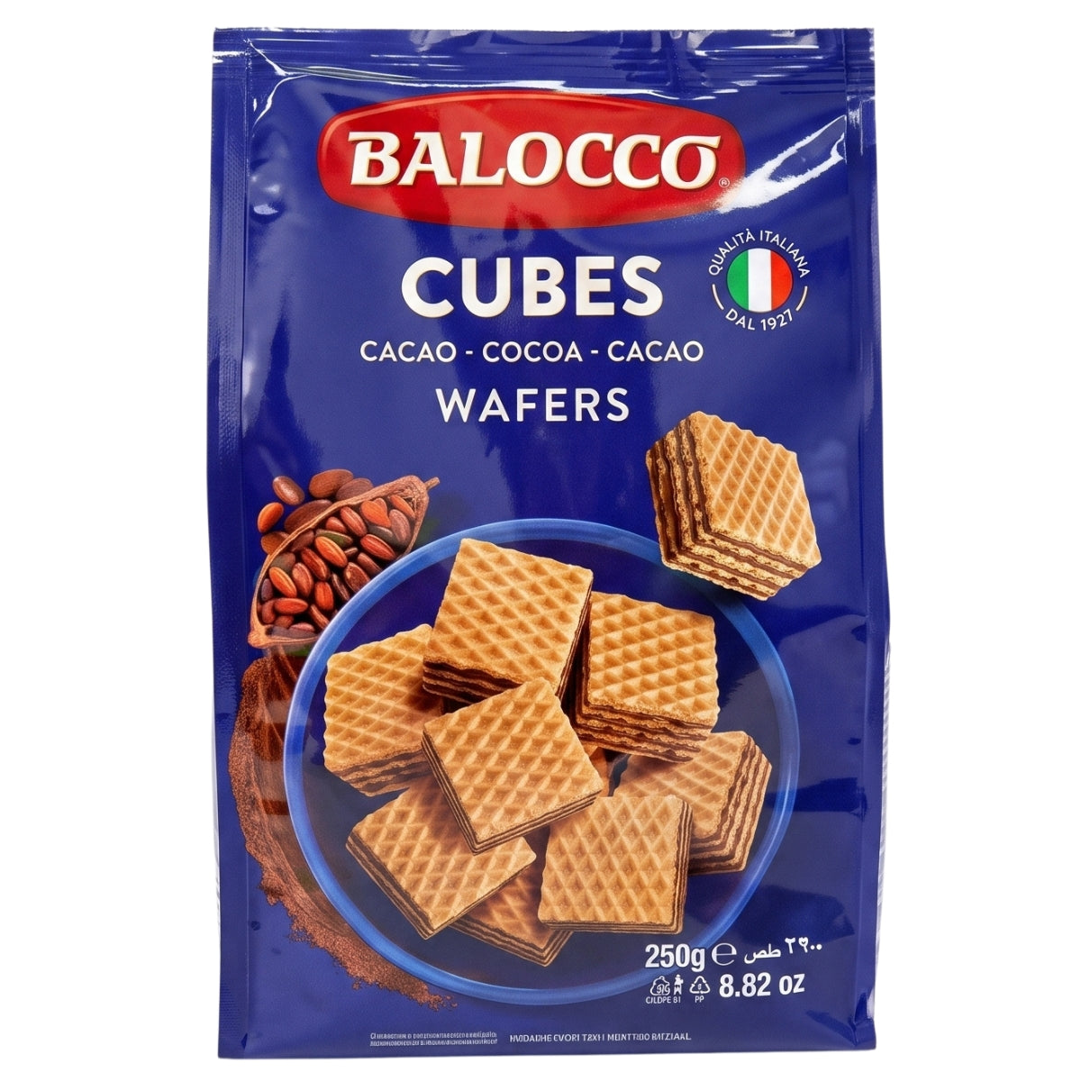 A 250g package of Balocco Cubes Wafers, featuring a dark blue bag with a red logo banner and an illustration of golden-brown wafers.