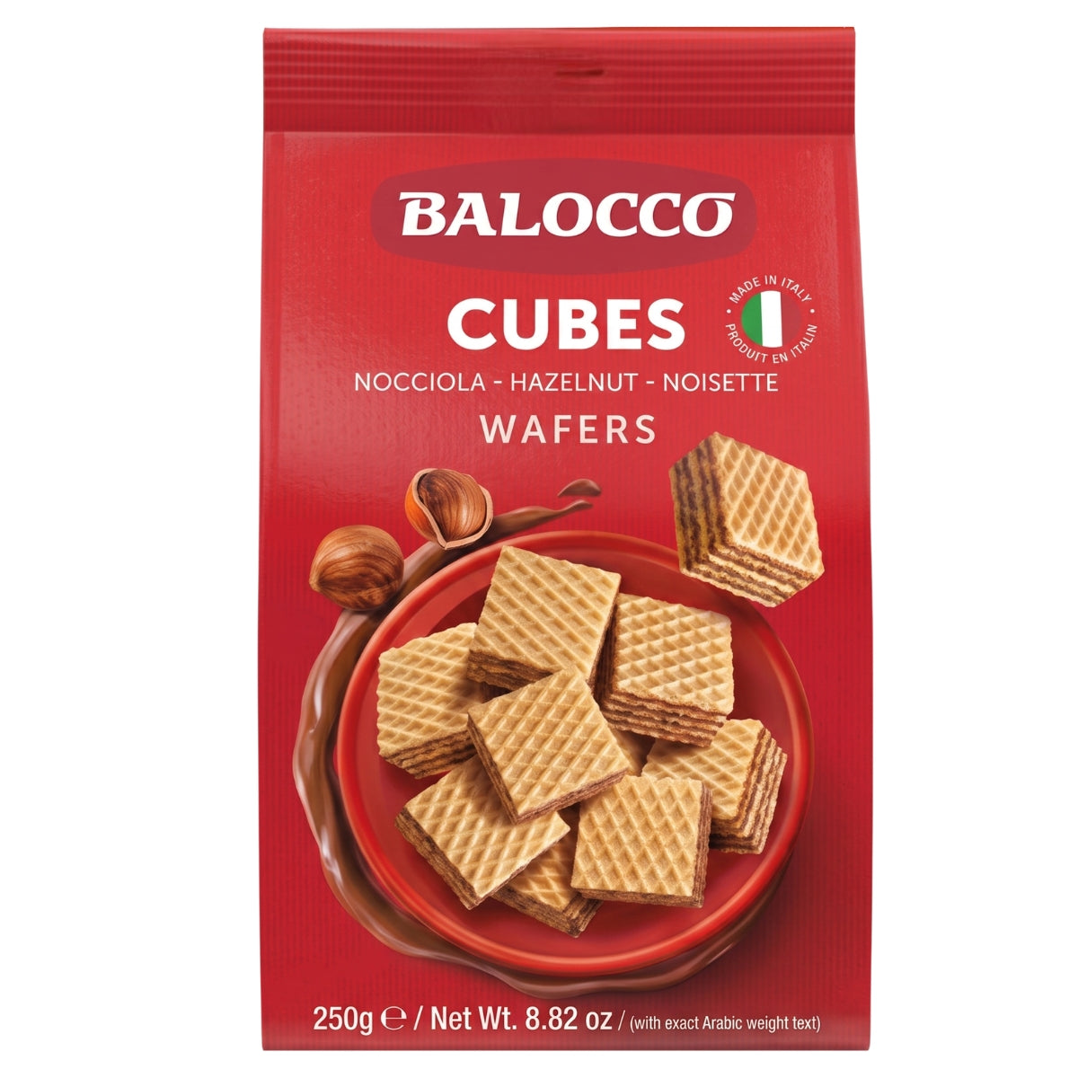 Balocco Hazelnut Wafers (250g) come in a distinctive red package, showcasing stacked wafer cubes and hazelnuts on the front. Made with wheat flour and coconut oil for a light, crispy texture. Net weight: 250g (8.82 oz).