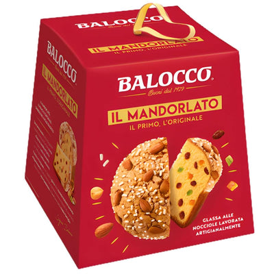 A red box of Balocco - IL Mandorlato Panettone Cake (750g) features an image of the almond cake topped with almonds and colorful fruit pieces on the front.