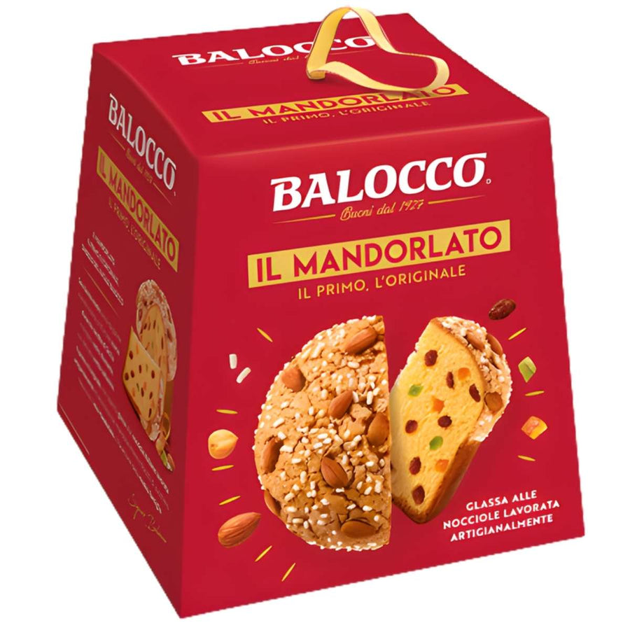 A red box of Balocco - IL Mandorlato Panettone Cake (750g) features an image of the almond cake topped with almonds and colorful fruit pieces on the front.