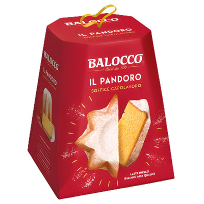 A red box of Balocco - IL Pandoro Cake (750g) features the star-shaped, naturally leavened Italian sweet bread made with fresh milk and dusted with powdered sugar.