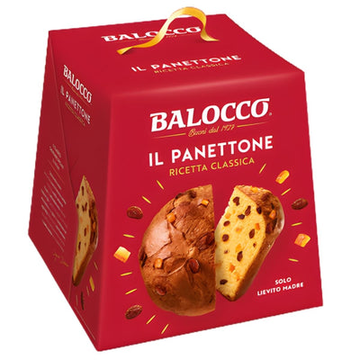 Balocco - IL Panettone Classico Cake (750g) in a red box is a naturally leavened Italian dessert with raisins and candied fruit, made using Balocco’s traditional recipe.