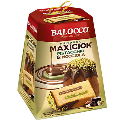 Balocco Pandoro Maxiciok Pistacchio & Nocciola Cake (800g) is an Italian festive cake in a box, featuring images of sliced Pandoro with pistachio cream, chocolate, and hazelnut topping on the packaging.