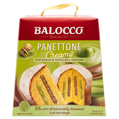 Balocco - Panettone Creamy Pistachio & Hazelnut Cream Cake - 800g, shown as slices with visible green and brown cream fillings.