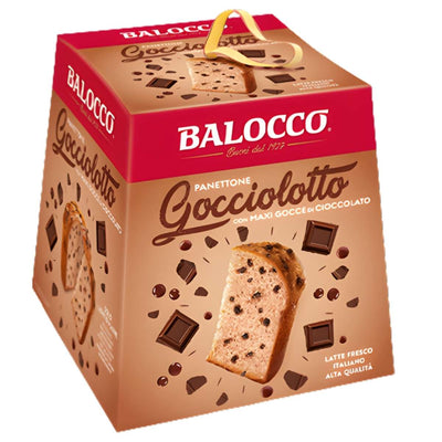 A red and beige box of Balocco Panettone Gocciolotto Cake (800g) displays images of the Italian cake with chocolate chips on the packaging.