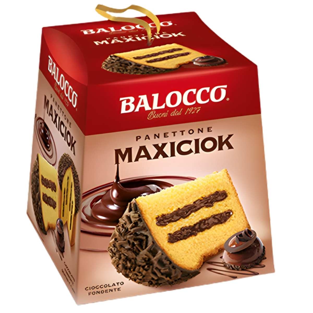 Balocco Panettone Maxiciok Cake 800g by Balocco: Italian oven-baked cake with chocolate filling, shown on the box alongside rich chocolate cream.