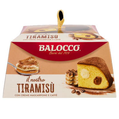 Balocco - Tiramisu Cake with Mascarpone Cream & Coffee - 650g shown with mascarpone and coffee cream filling, a spoonful of tiramisu, and scattered coffee beans.