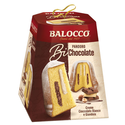 A pyramidal box for Balocco Pandoro Bi-Chocolate Cake 800g, featuring a cross-section of the cake filled with white and gianduja chocolate cream.