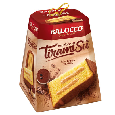 Box of Balocco Pandoro Tiramisu Cream Cake 800g, featuring a slice with cream filling and an extra dark cocoa dusting.