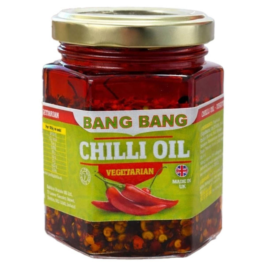 Jar of Bang Bang Chilli Oil with a gold lid on a white background