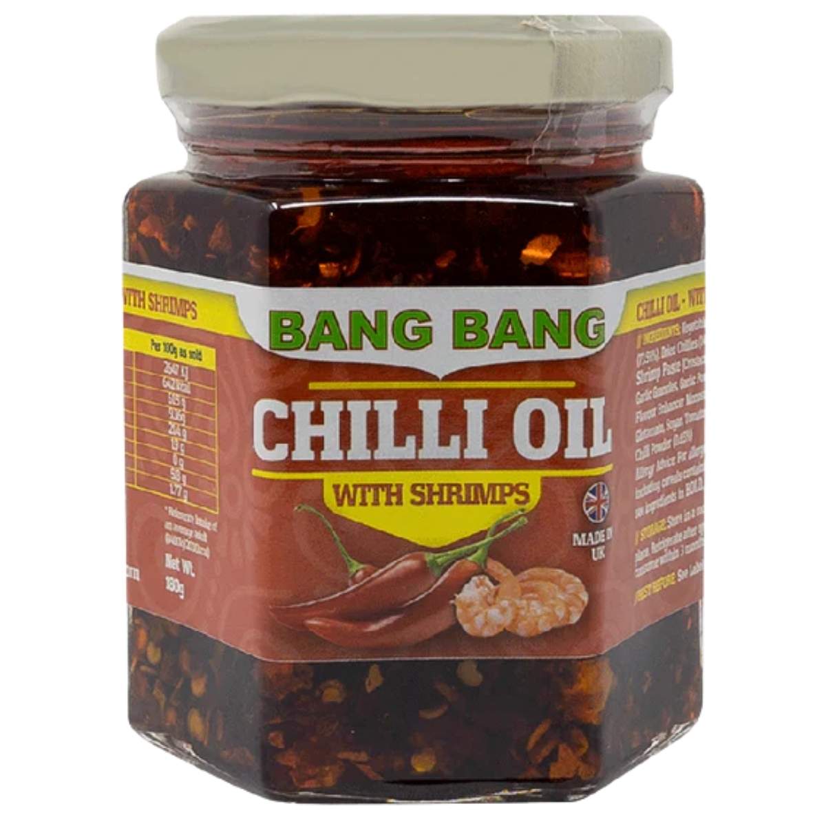 Jar of Bang Bang Chilli Oil with Shrimps on a white background