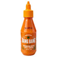 A 200ml bottle of Bang Bang Sriracha Mayo Chilli Sauce features an orange label, pointed cap, and offers a creamy texture with a spicy kick.