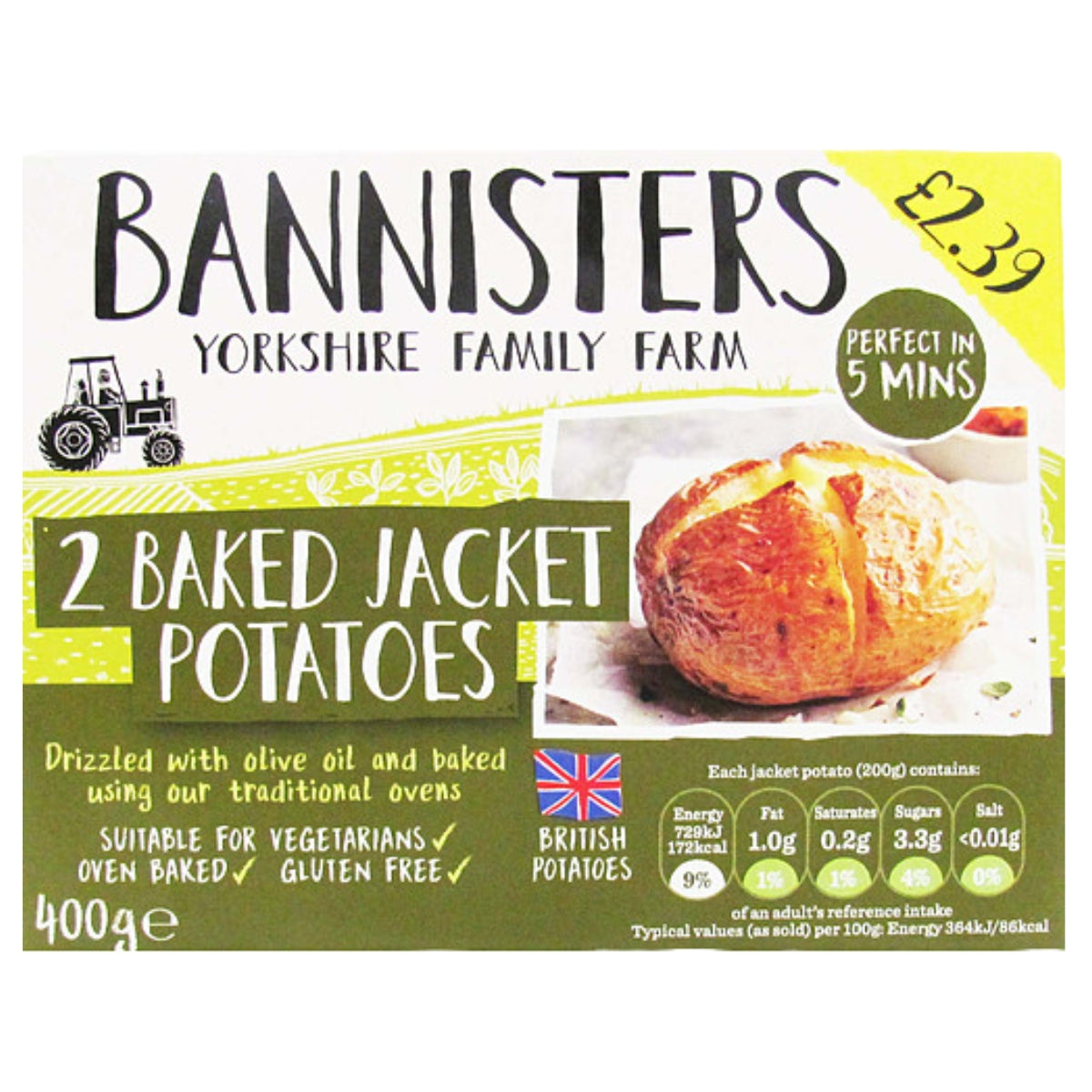 Front packaging of a Bannisters Yorkshire Family Farm 400g box of 2 Baked Jacket Potatoes, featuring a photo of a golden baked potato, nutritional facts, and product details on a white, green, and yellow background.