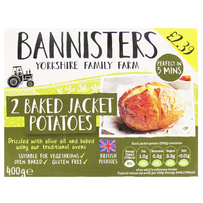 Front packaging of a Bannisters Yorkshire Family Farm 400g box of 2 Baked Jacket Potatoes, featuring a photo of a golden baked potato, nutritional facts, and product details on a white, green, and yellow background.