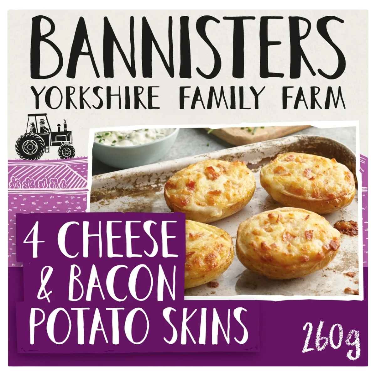 Bannisters Yorkshire Family Farm 4 Cheese & Bacon Potato Skins packaging with images of potato skins and a tractor.