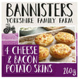 Bannisters Yorkshire Family Farm 4 Cheese & Bacon Potato Skins packaging with images of potato skins and a tractor.