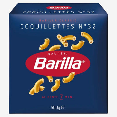 Barilla Coquillettes Pasta n.32 comes in a blue 500g box showing uncooked mini elbows, made from durum wheat semolina, and cooks in 7 minutes.