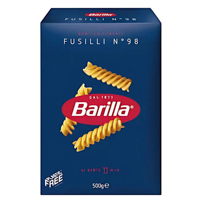 Barilla Fusilli No. 98, a blue box of gluten-free pasta weighing 500g, features two fusilli illustrations and an 11-minute cooking time, promising a delightful twist on your favorite dish.