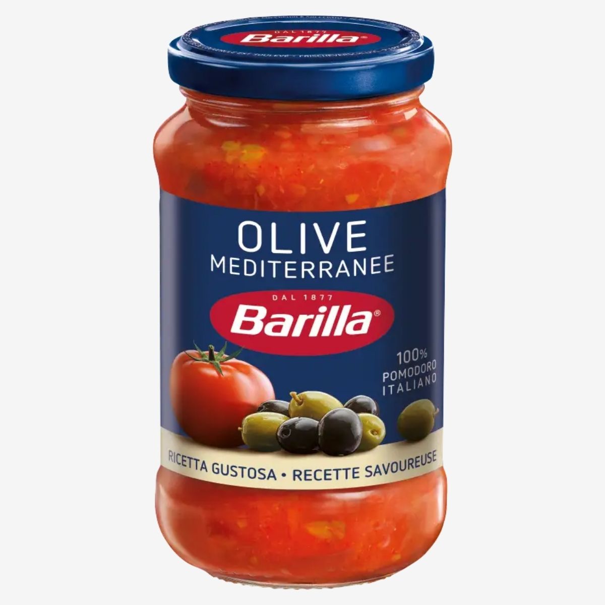 The 400g jar of Barilla Mediterranean Olive Sauce has a vibrant blue label with images of ripe tomatoes and flavorful olives, ideal for enhancing your pasta dishes.