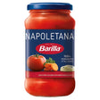 A 400g jar of Barilla Napoletana Sauce with a blue lid, featuring images of tomato, carrot, and onion on the label.