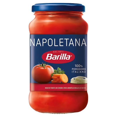 A 400g jar of Barilla Napoletana Sauce with a blue lid, featuring images of tomato, carrot, and onion on the label.
