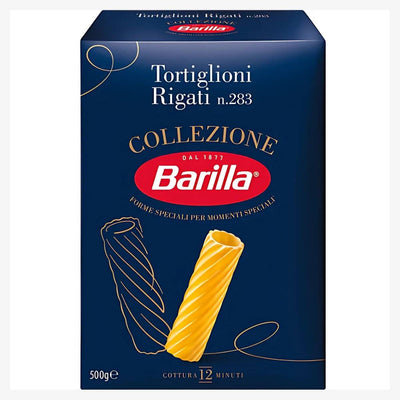 Box of Barilla Tortiglioni Rigati Pasta n.283, 500g, made from premium durum wheat semolina, displaying two twisted pasta pieces on the front.