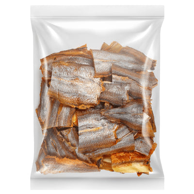 A clear plastic bag of Barin - Dried Blue Whiting Pieces with Chilli (1Kg), displaying several pieces of dried blue whiting fish with a hint of chilli, shown from the front.