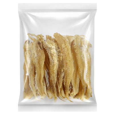A clear plastic bag of Barin Dried Blue Whiting Skinless Fillet (1Kg) is shown from the front against a white background, with several fish fillet pieces arranged vertically and overlapping inside.