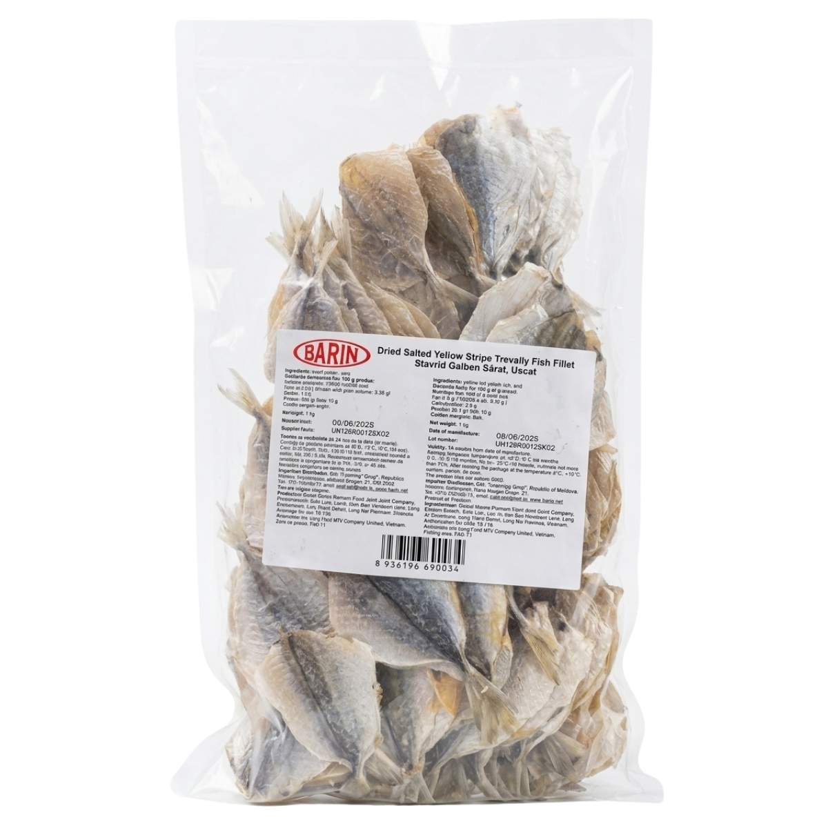 A clear plastic bag labeled “Barin - Dried Salted Yellow Stripe Trevally Fish Fillet - 1Kg” from Barin, containing dried salted yellow stripe trevally fish fillet.