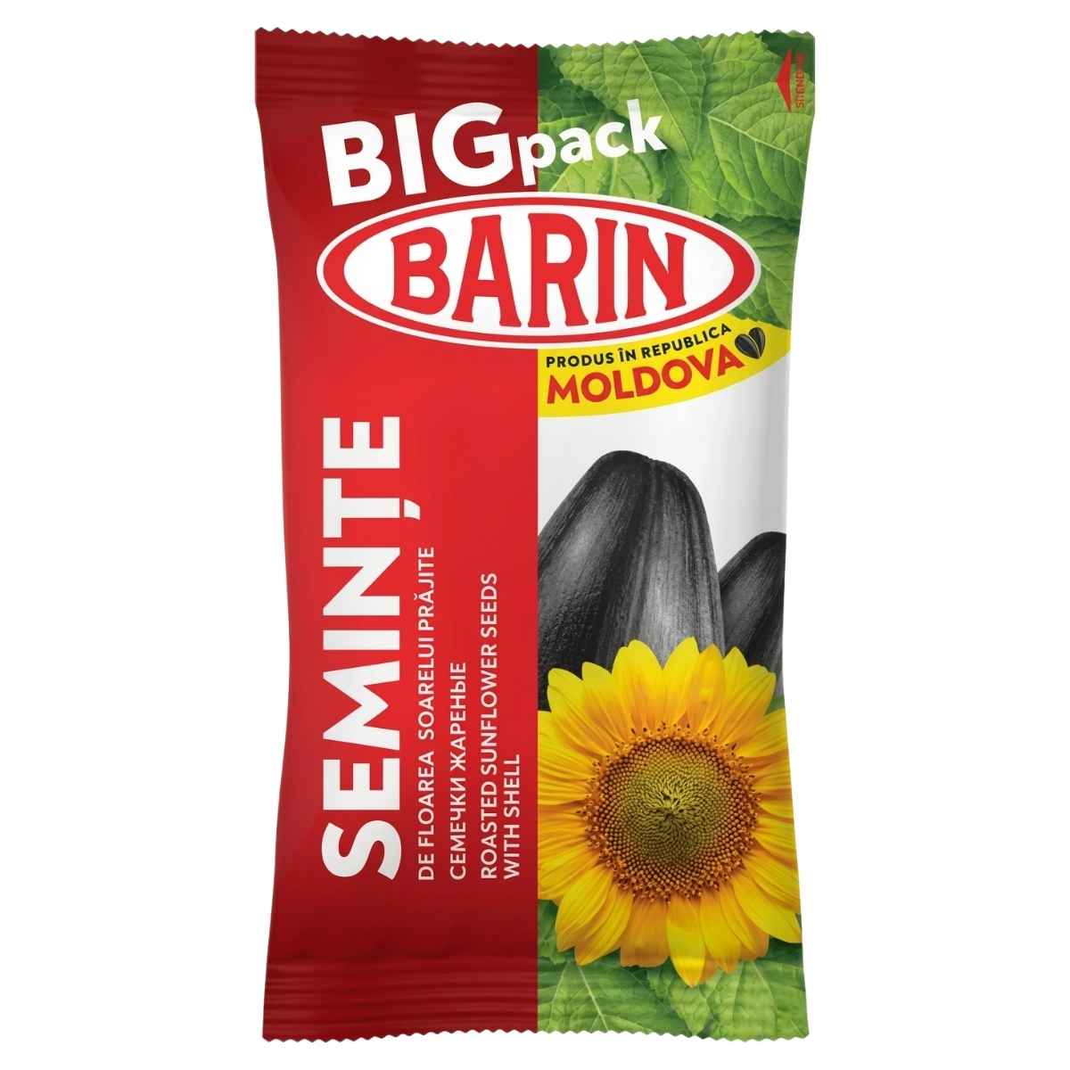 A red and white Barin package labeled "Barin - Roasted Sunflower Seeds - 200g" features a sunflower image and indicates it is a product of Moldova, containing roasted in-shell sunflower seeds.