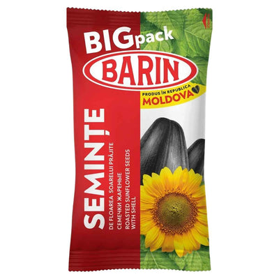 A red and white Barin package labeled "Barin - Roasted Sunflower Seeds - 200g" features a sunflower image and indicates it is a product of Moldova, containing roasted in-shell sunflower seeds.